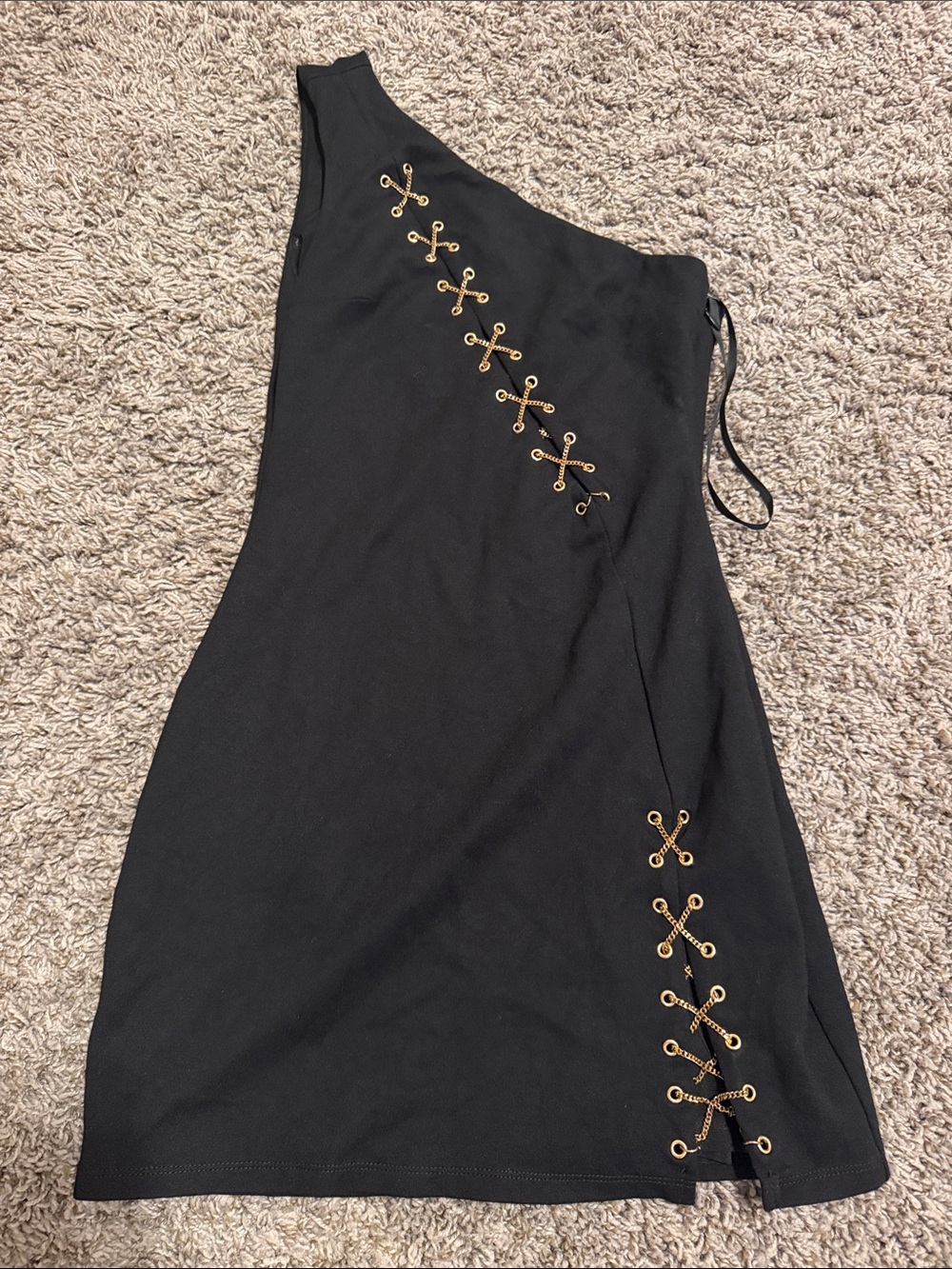 REVOLVE Black One-Shoulder Dress with Gold Eyelet Lacing